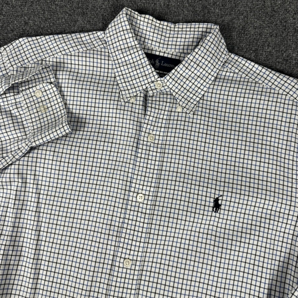 Polo Ralph Lauren Shirt Mens L White Blue Plaid Check Long Sleeve Preppy